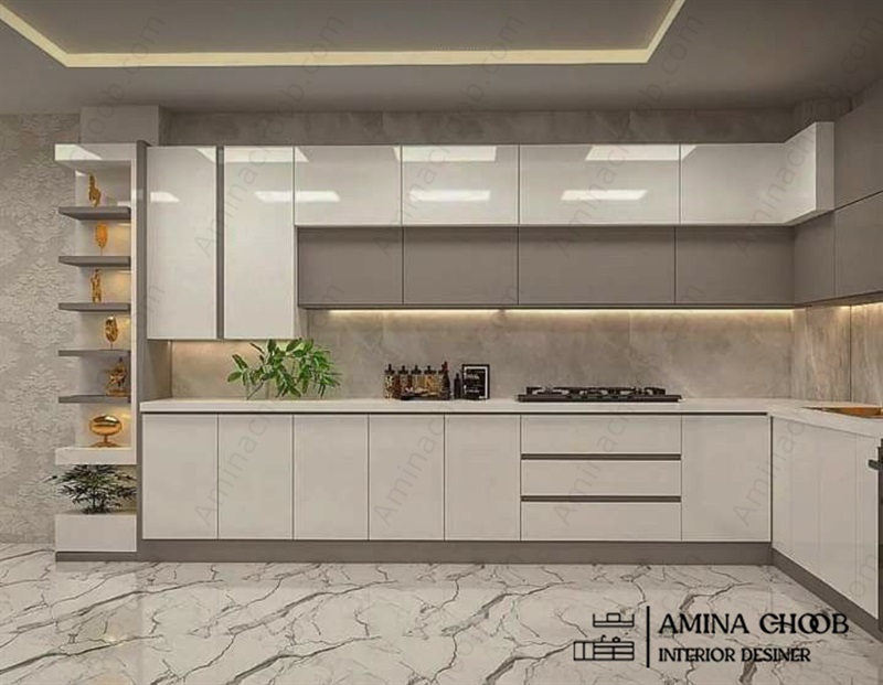 طرح کابینت هایگلاس بژ اکلیلی